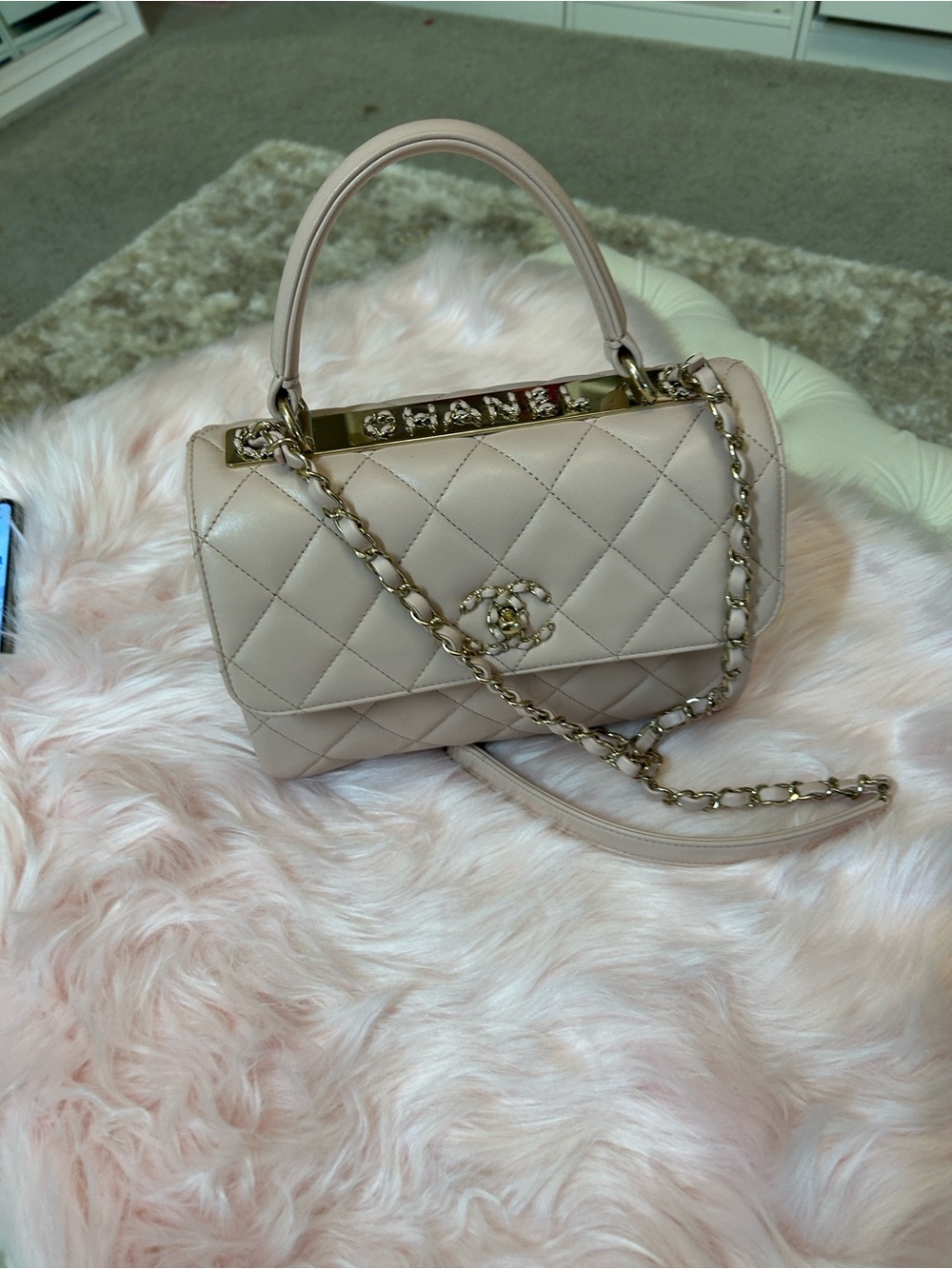 CHANEL Quilted Top-Handle Shoulder Bag in Pale Beige